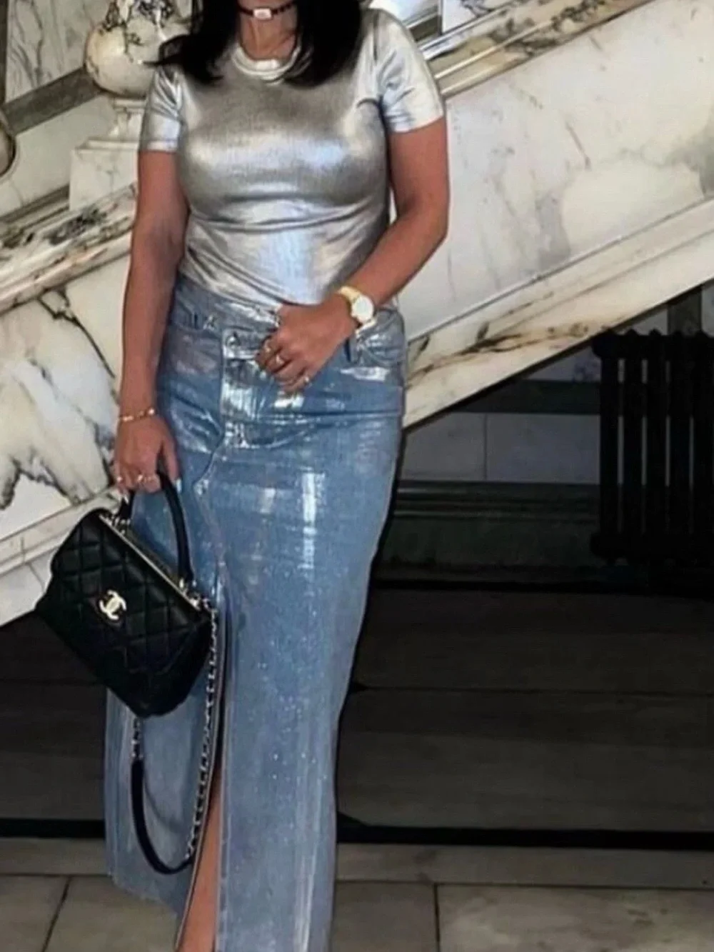 Zara 6045/017 Light Blue Denim Metallic Maxi Skirt with Front Slit